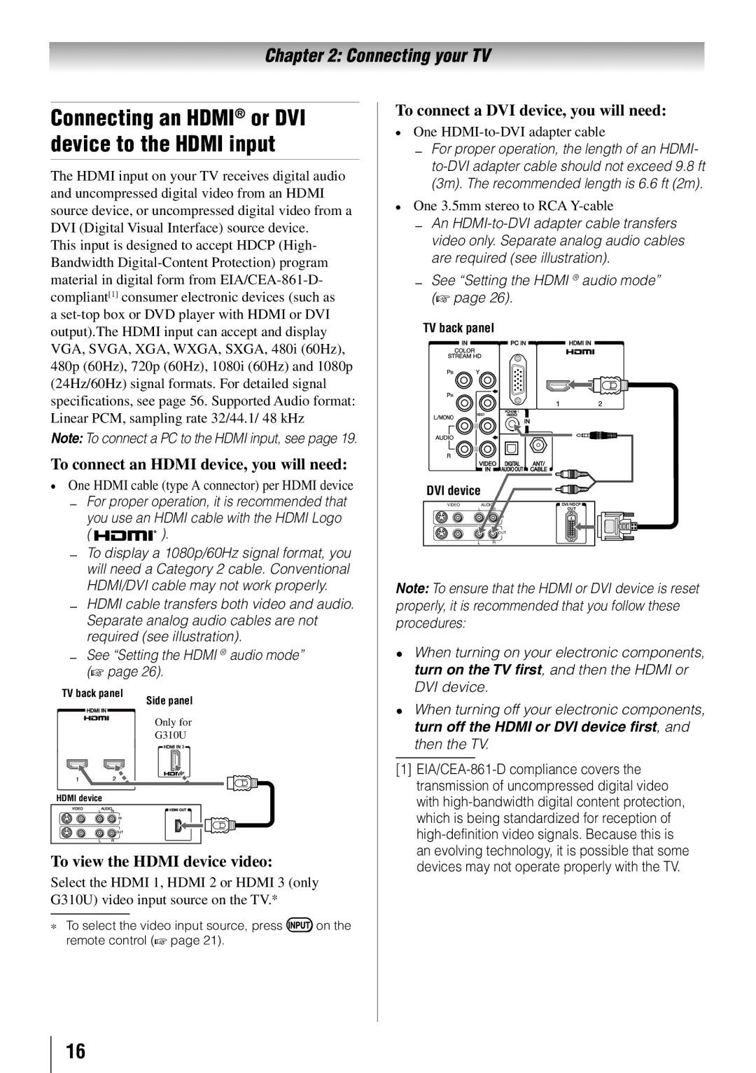 Toshiba 32C110U To connect an Hdmi device, you will need, To view the Hdmi device video, One HDMI-to-DVI adapter cable 