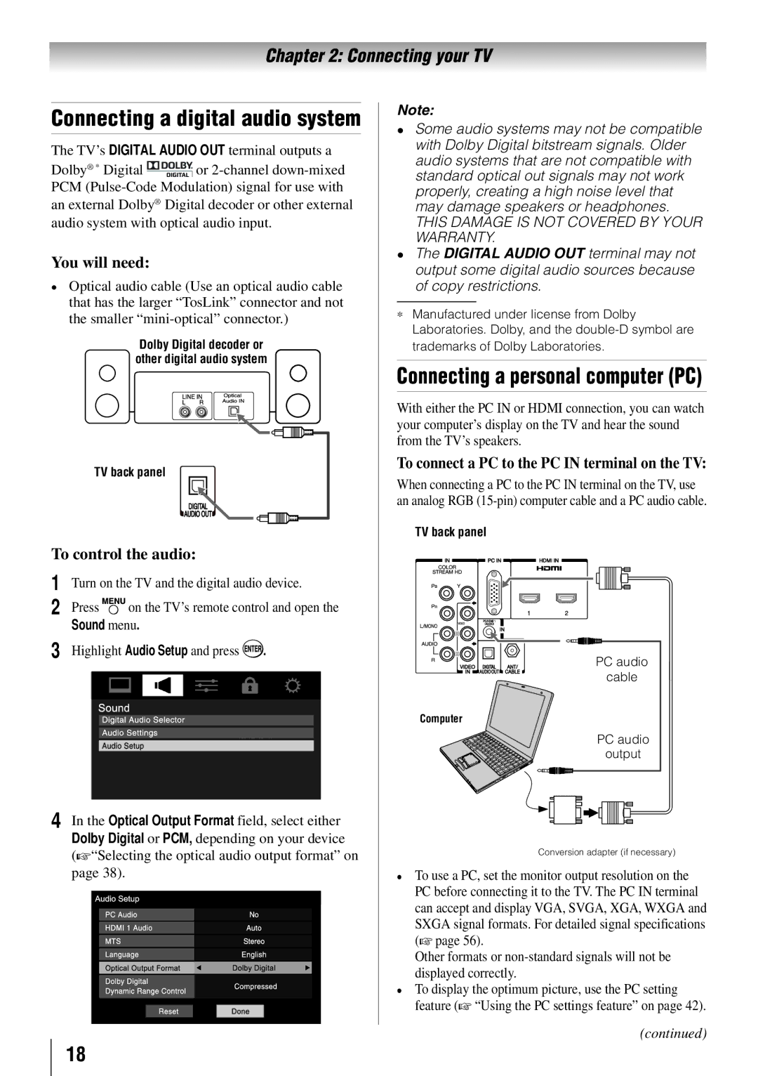 Toshiba 55G310U Connecting a digital audio system, Connecting a personal computer PC, To control the audio, Sound menu 