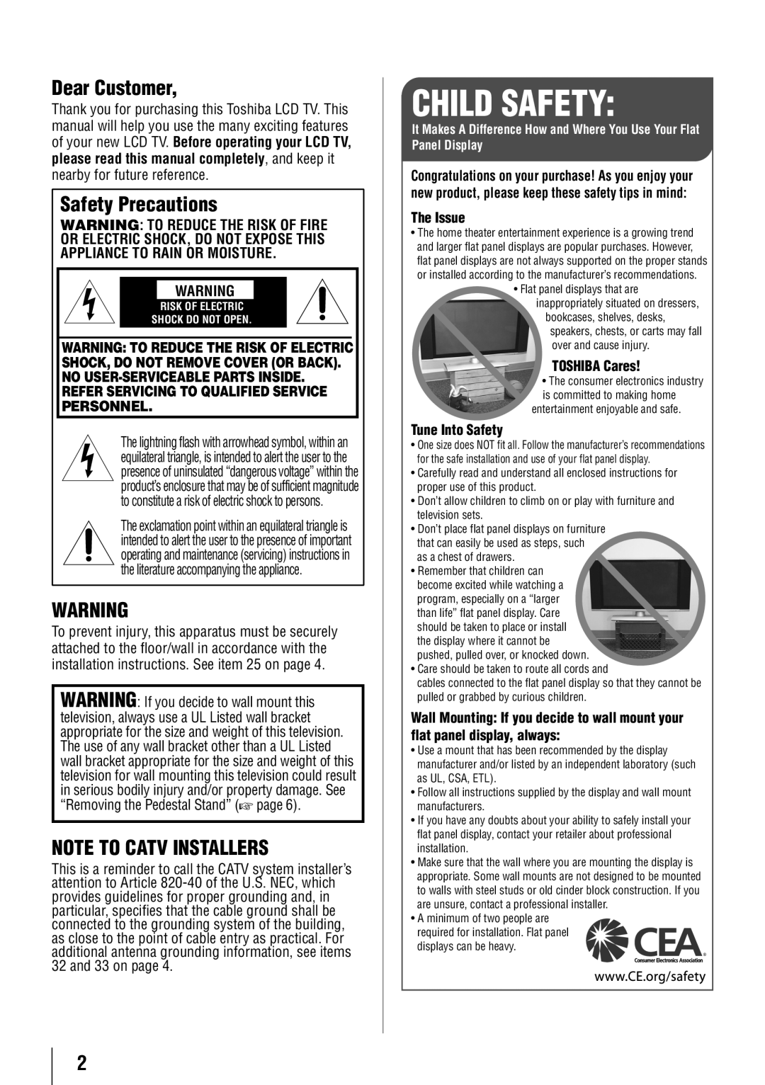 Toshiba 55G310U, 32C110U, 40E210U, 46G310U owner manual Dear Customer, Safety Precautions 