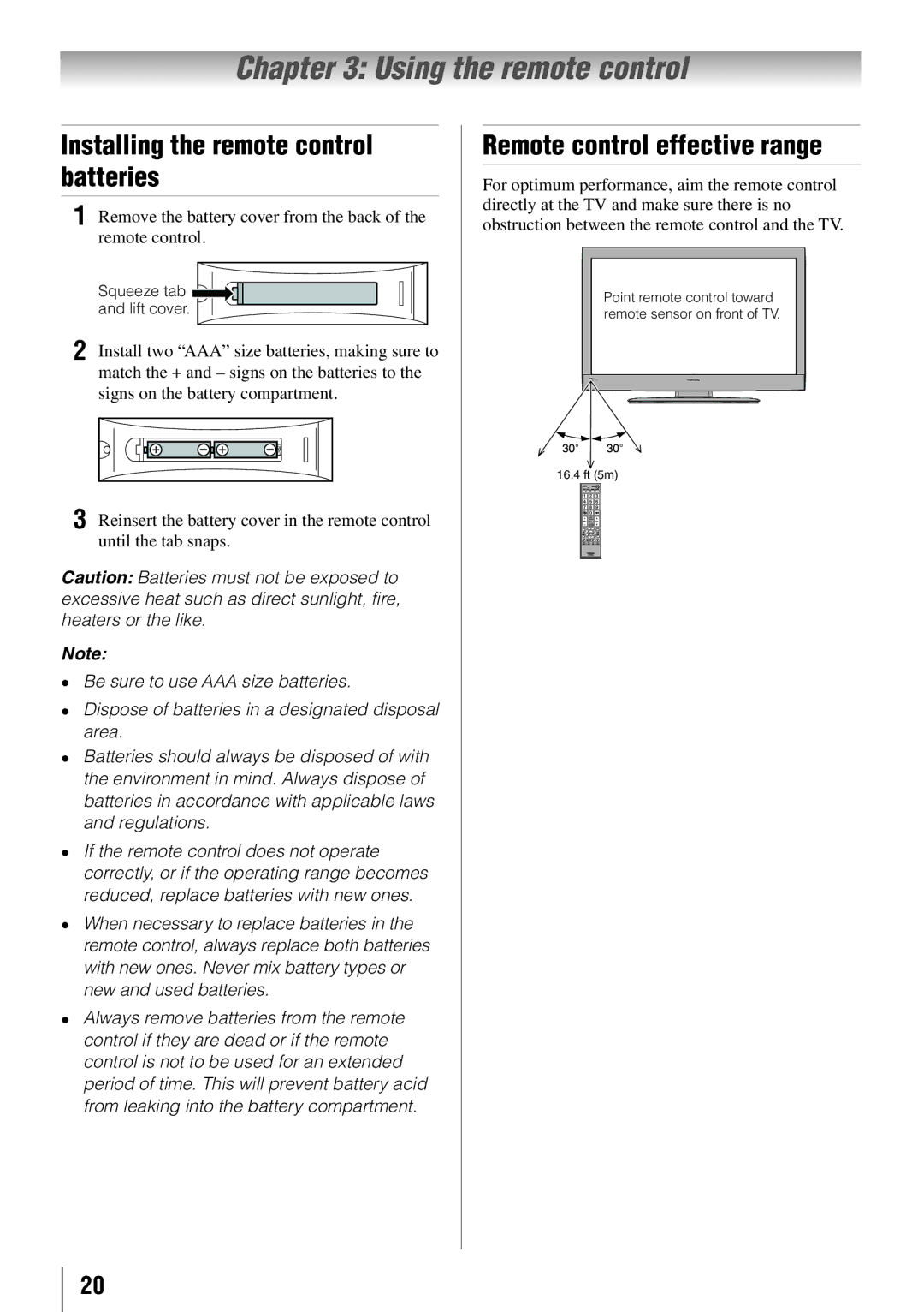 Toshiba 32C110U, 40E210U Using the remote control, Installing the remote control batteries, Remote control effective range 