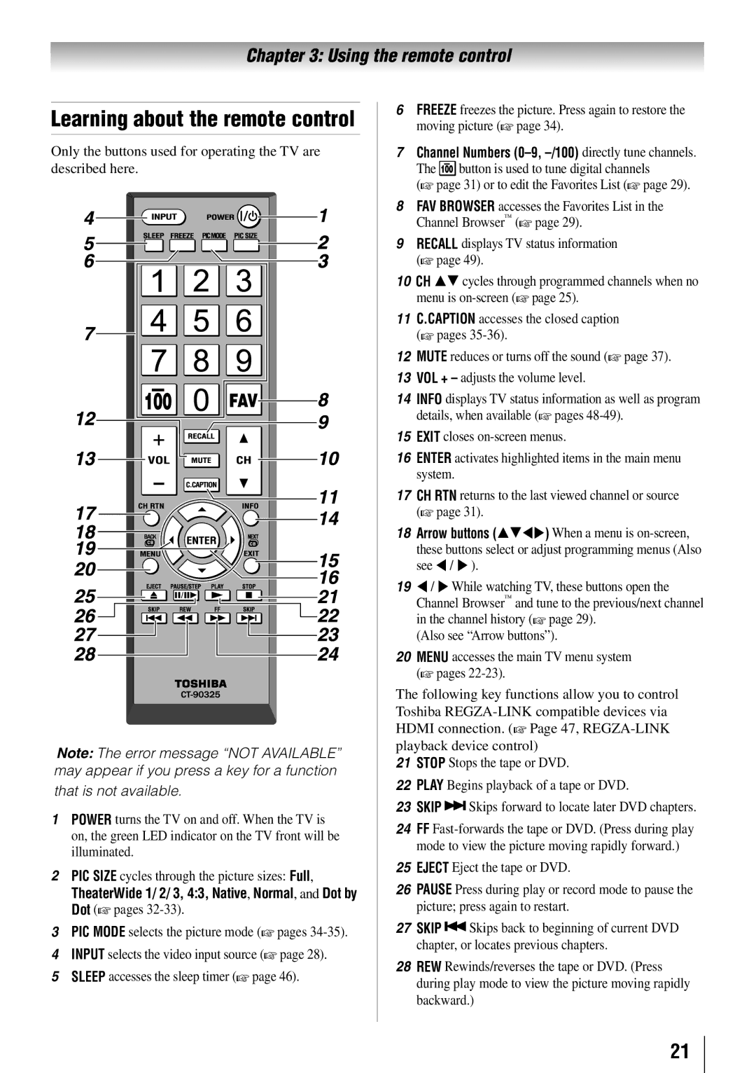 Toshiba 40E210U, 32C110U, 55G310U, 46G310U Learning about the remote control, 9無 Recall displays TV status information  