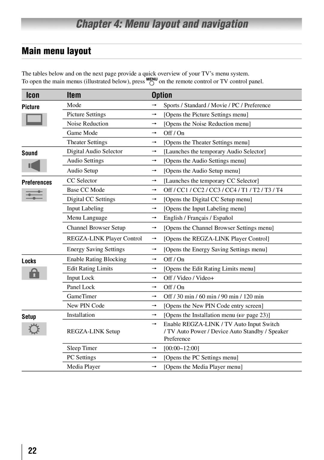 Toshiba 55G310U, 32C110U, 40E210U, 46G310U owner manual Menu layout and navigation, Main menu layout, Icon Option 