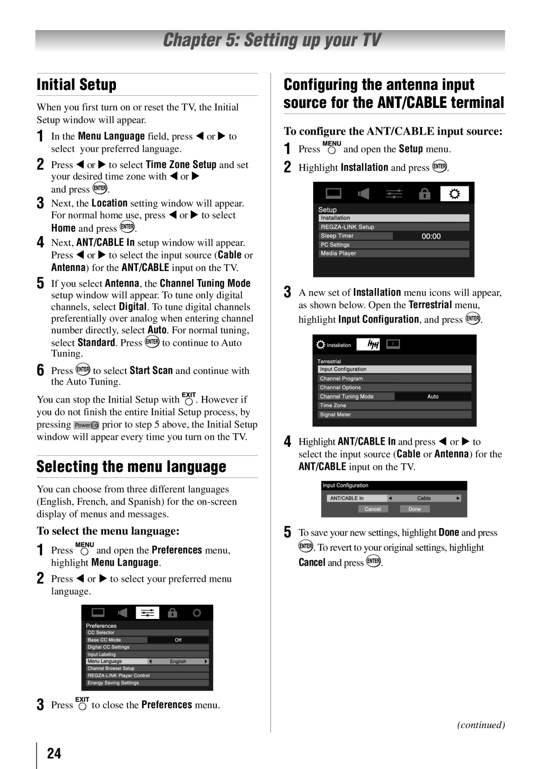 Toshiba 32C110U, 40E210U Setting up your TV, Initial Setup, Selecting the menu language, To select the menu language 