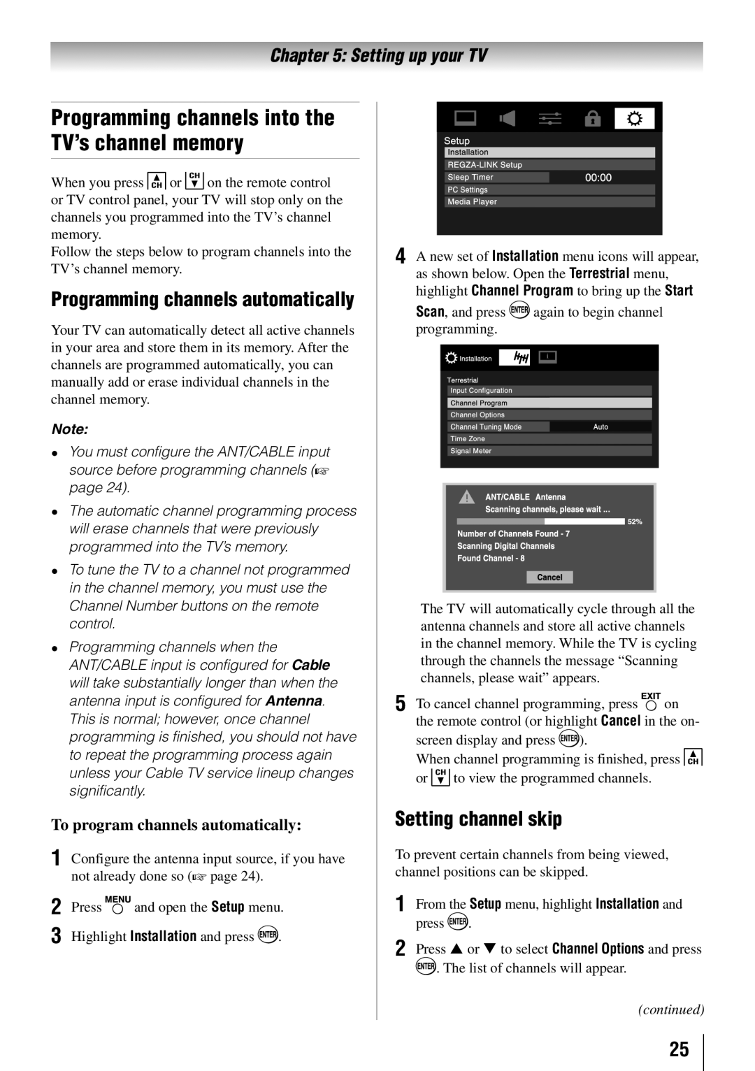 Toshiba 40E210U Programming channels into the TV’s channel memory, Setting channel skip, To program channels automatically 