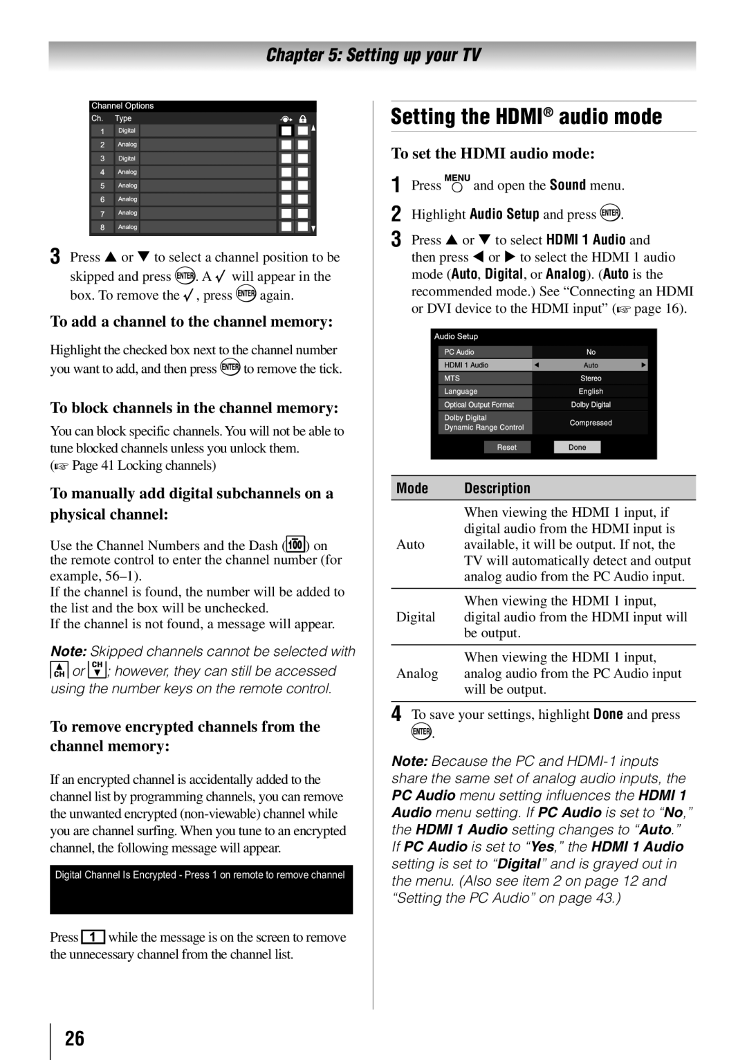 Toshiba 55G310U, 32C110U, 40E210U, 46G310U owner manual Setting the Hdmi audio mode 