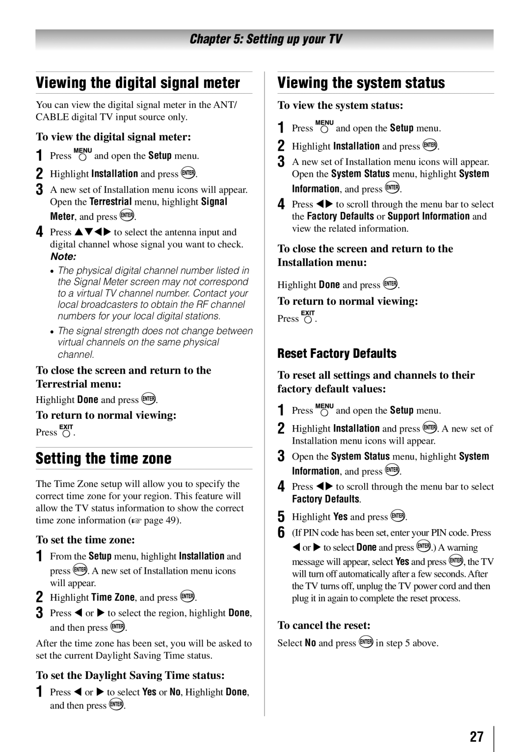 Toshiba 46G310U Viewing the digital signal meter, Setting the time zone, Viewing the system status, Reset Factory Defaults 