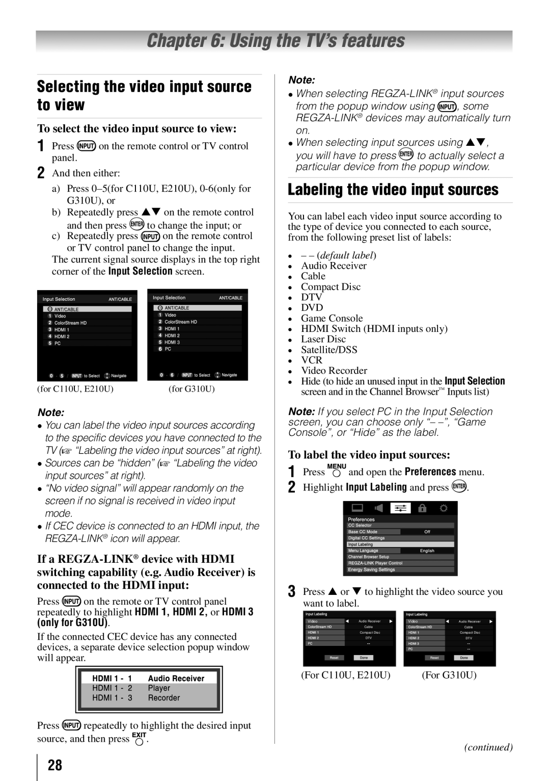 Toshiba 32C110U Using the TV’s features, Selecting the video input source to view, Labeling the video input sources 