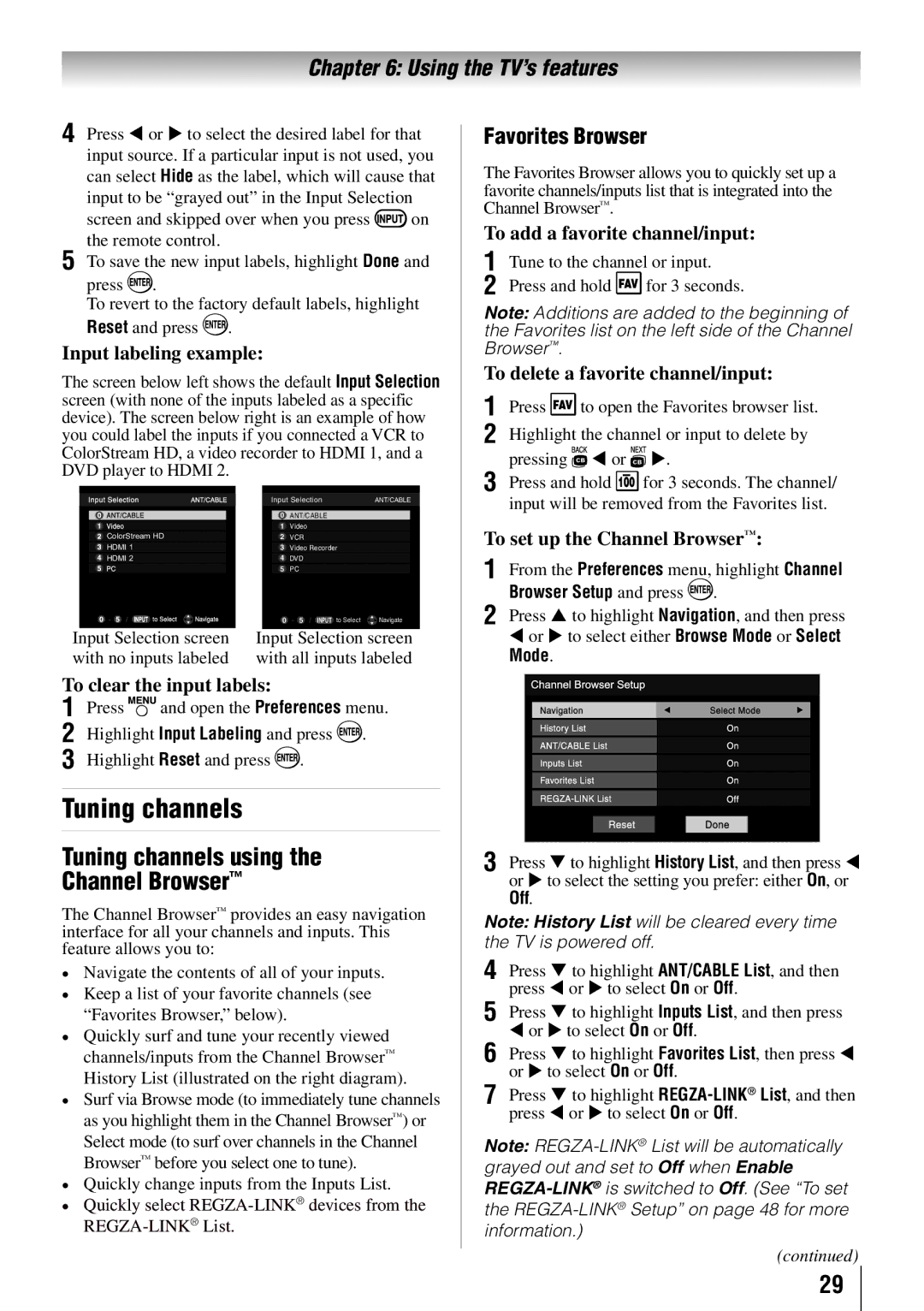 Toshiba 40E210U, 32C110U, 55G310U, 46G310U owner manual Tuning channels using Channel Browser, Favorites Browser 