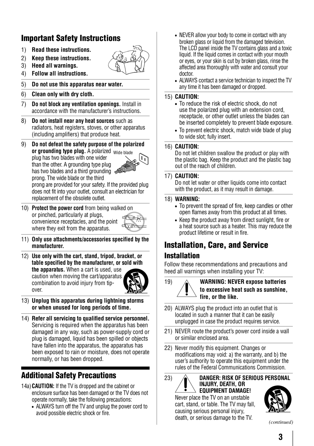 Toshiba 46G310U, 32C110U Important Safety Instructions, Additional Safety Precautions, Installation, Care, and Service 