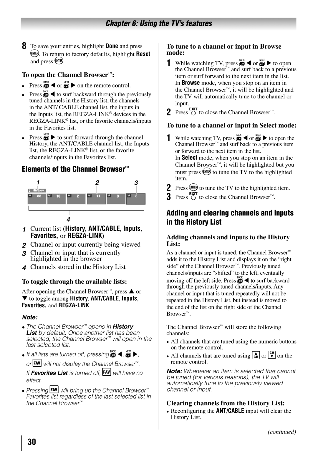 Toshiba 55G310U, 32C110U Elements of the Channel Browser, Adding and clearing channels and inputs in the History List 