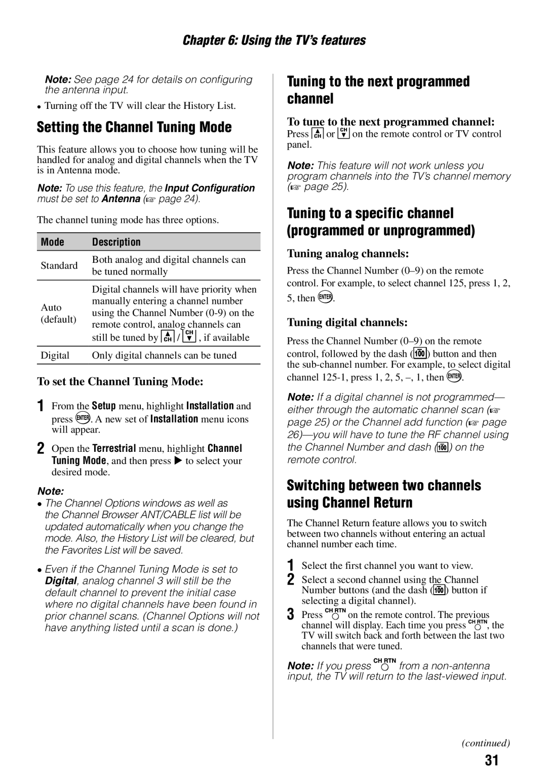 Toshiba 46G310U, 32C110U, 40E210U, 55G310U owner manual Setting the Channel Tuning Mode, Tuning to the next programmed channel 