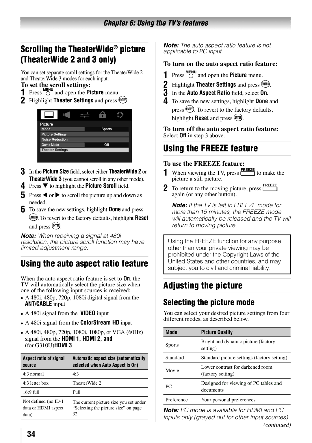 Toshiba 55G310U, 32C110U, 40E210U Using the Freeze feature, Adjusting the picture, Using the auto aspect ratio feature 