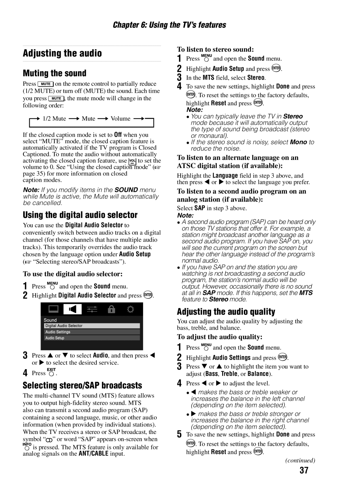 Toshiba 40E210U Adjusting the audio, Muting the sound, Using the digital audio selector, Selecting stereo/SAP broadcasts 