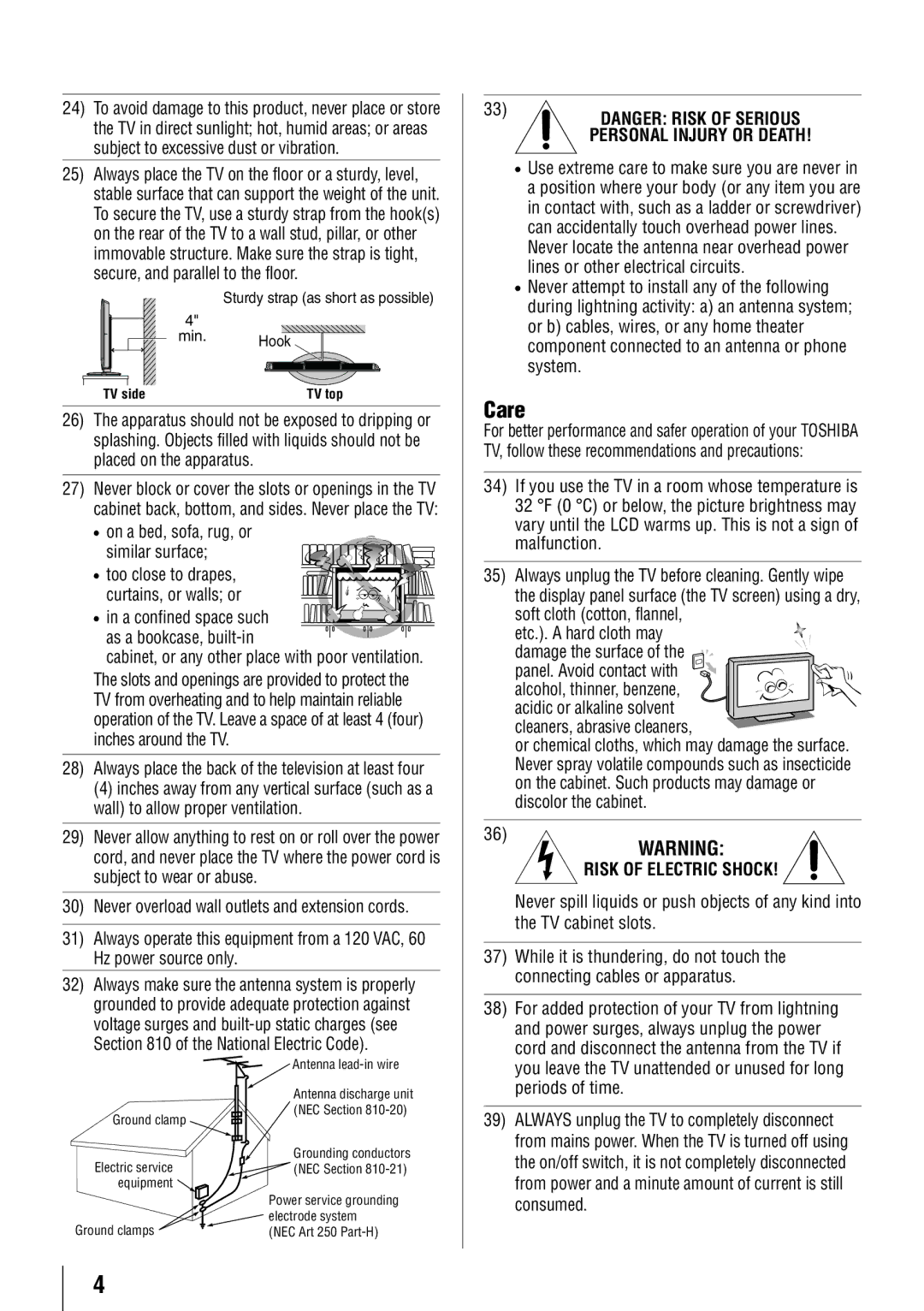 Toshiba 32C110U, 40E210U, 55G310U, 46G310U owner manual Care, On a bed, sofa, rug, or Similar surface 