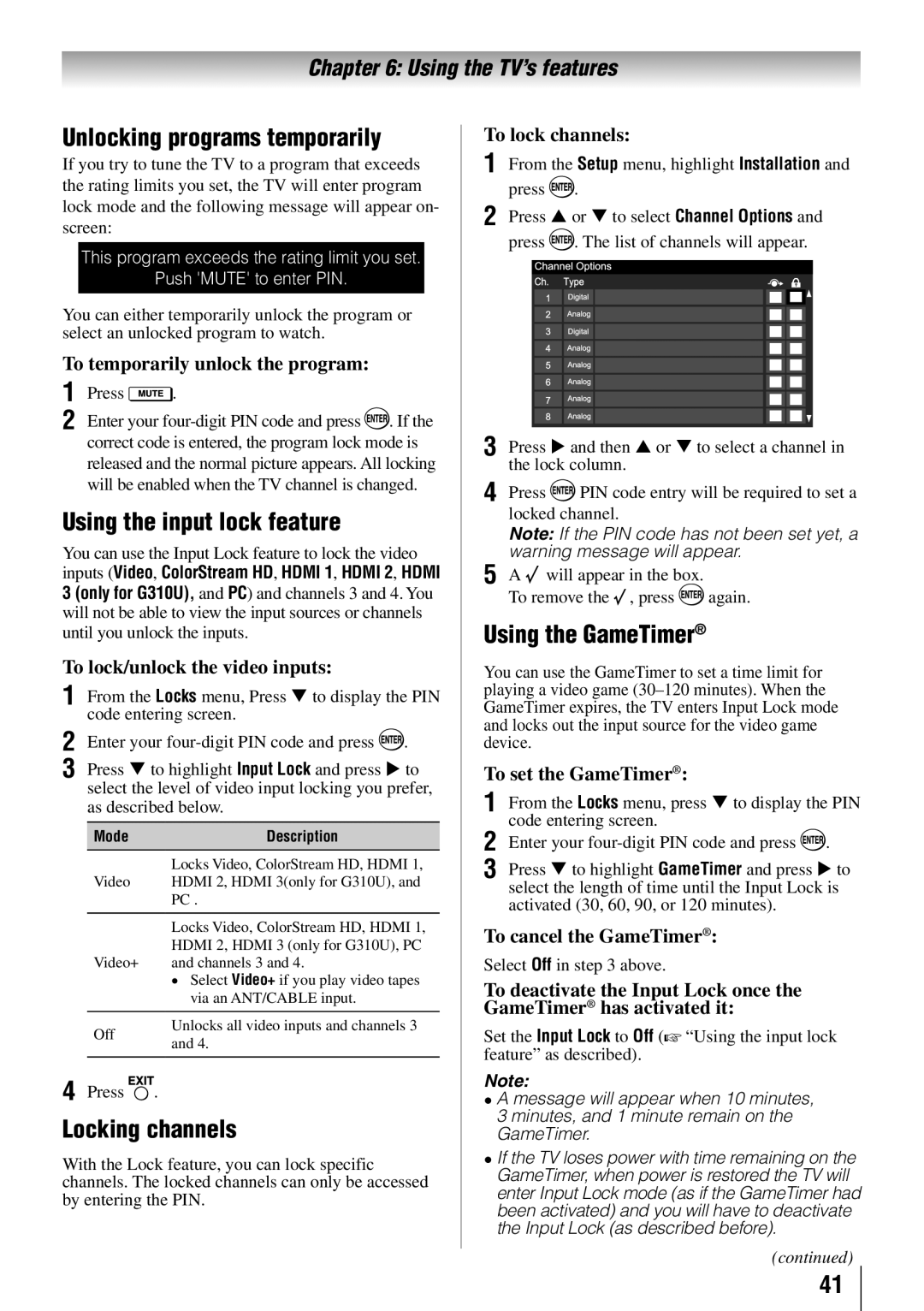 Toshiba 40E210U Unlocking programs temporarily, Using the input lock feature, Locking channels, Using the GameTimer 