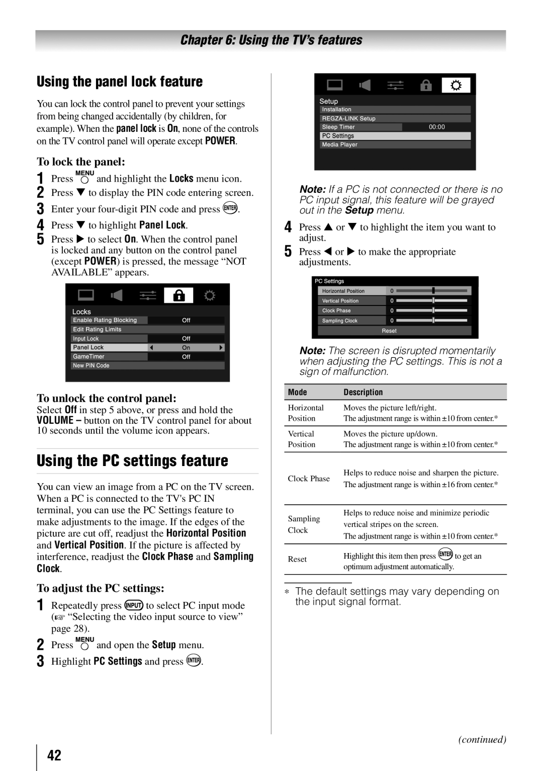 Toshiba 55G310U Using the PC settings feature, Using the panel lock feature, To lock the panel, To adjust the PC settings 