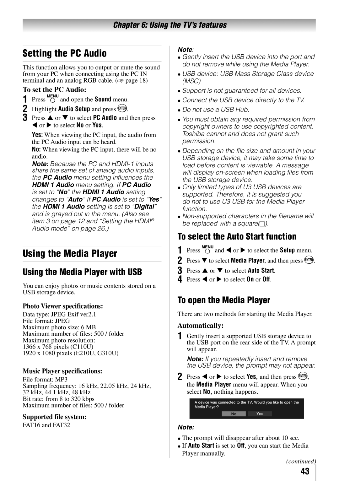 Toshiba 46G310U, 32C110U Setting the PC Audio, Using the Media Player with USB, To select the Auto Start function 