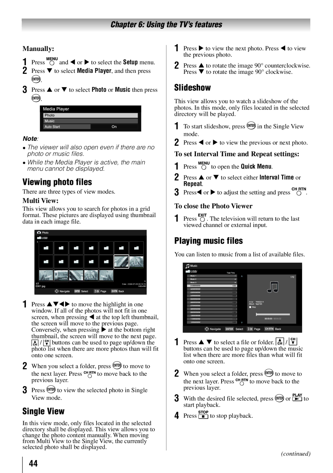 Toshiba 32C110U, 40E210U, 55G310U, 46G310U owner manual Viewing photo files, Single View, Slideshow, Playing music files 