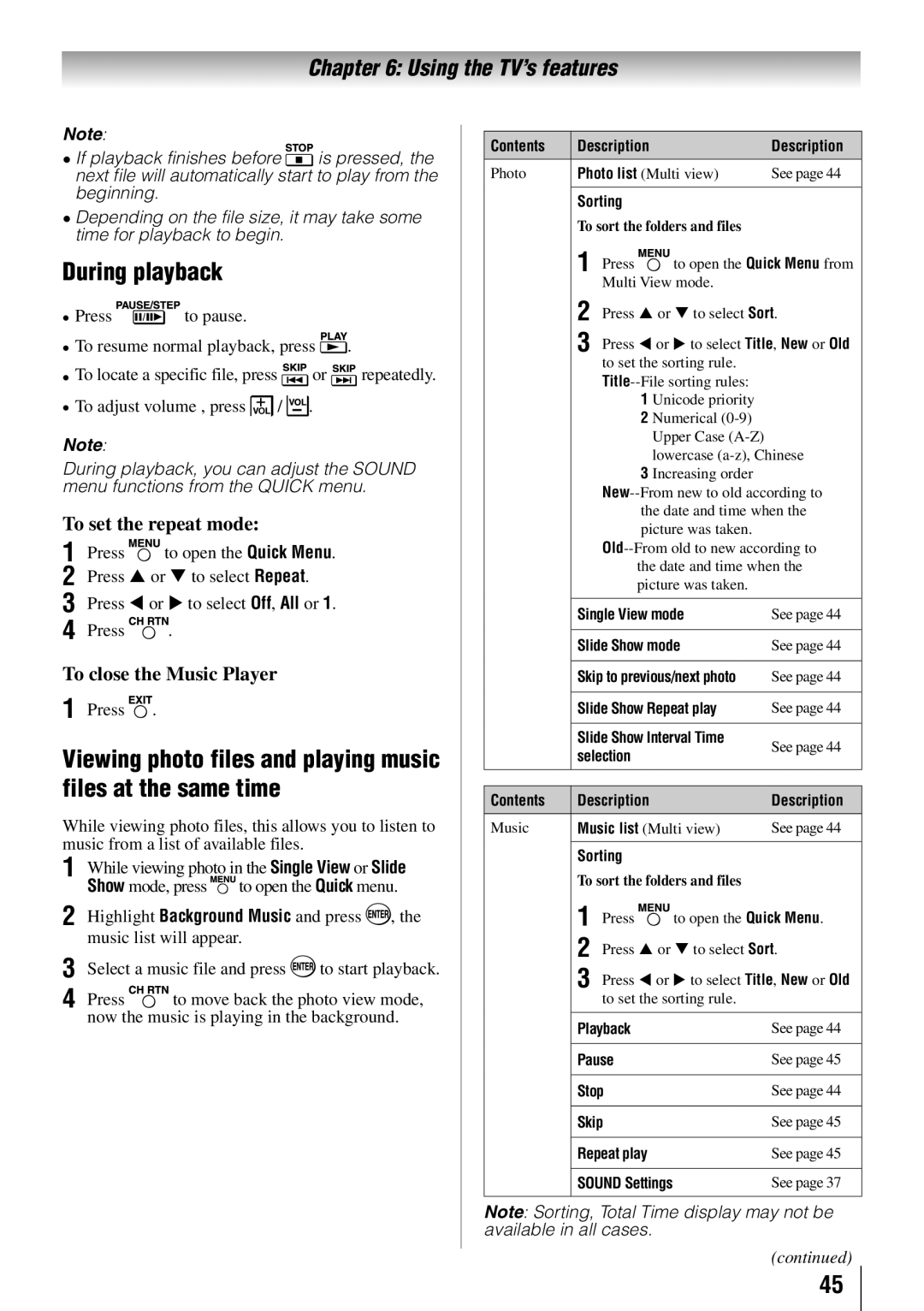 Toshiba 40E210U, 32C110U, 55G310U, 46G310U owner manual During playback, To set the repeat mode, To close the Music Player 