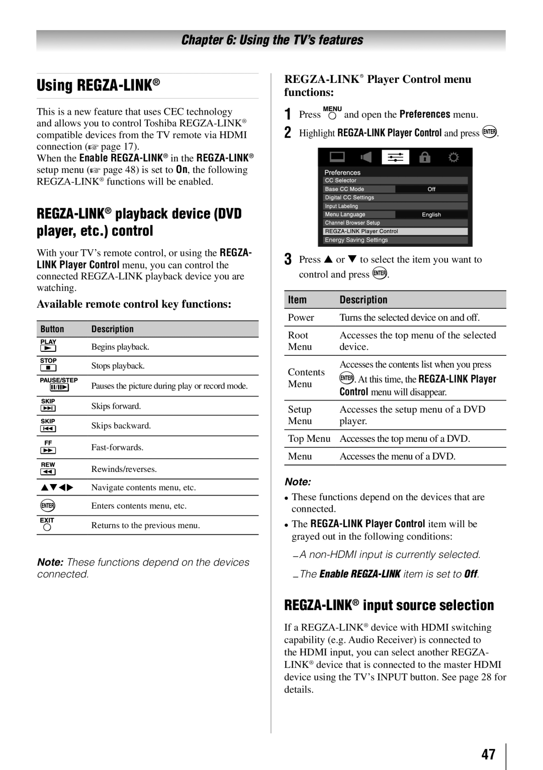 Toshiba 46G310U Using REGZA-LINK, REGZA-LINKplayback device DVD player, etc. control, REGZA-LINKinput source selection 