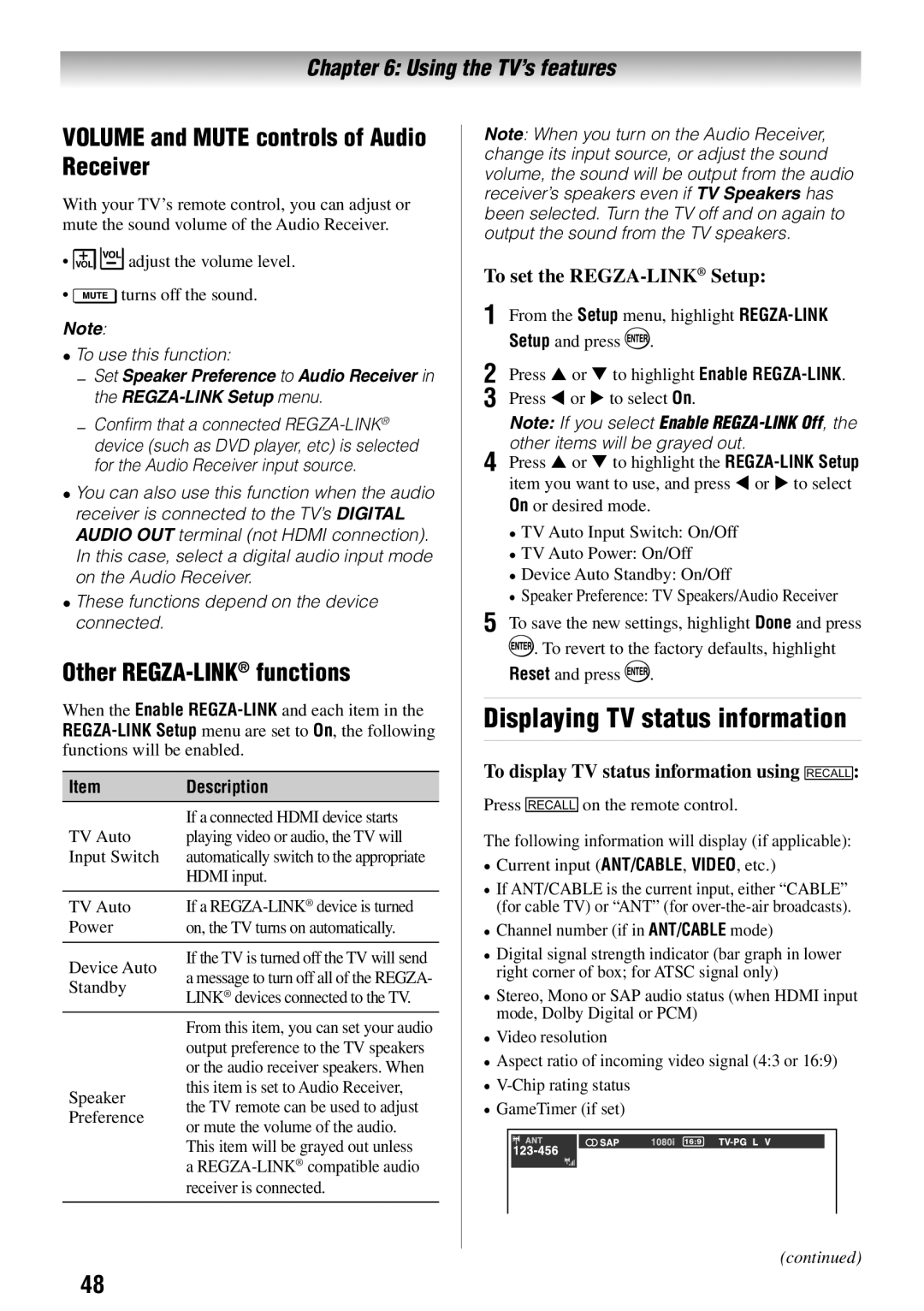 Toshiba 32C110U Displaying TV status information, Volume and Mute controls of Audio Receiver, Other REGZA-LINKfunctions 