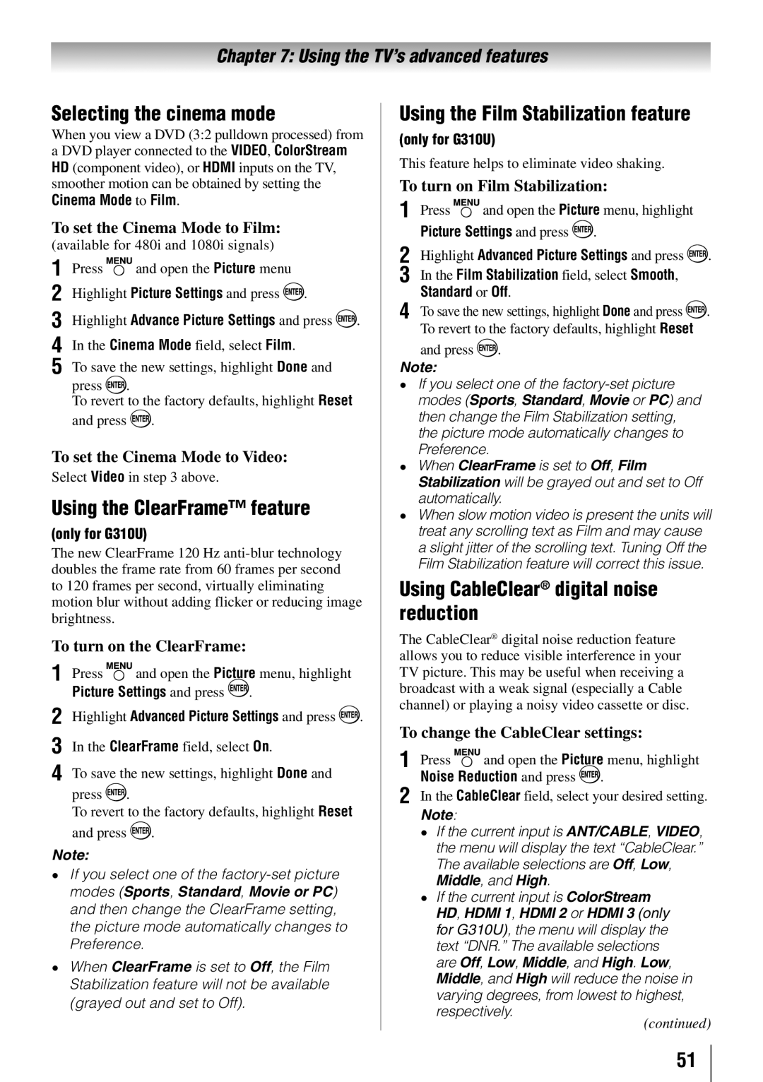 Toshiba 46G310U, 32C110U Selecting the cinema mode, Using the ClearFrame feature, Using the Film Stabilization feature 