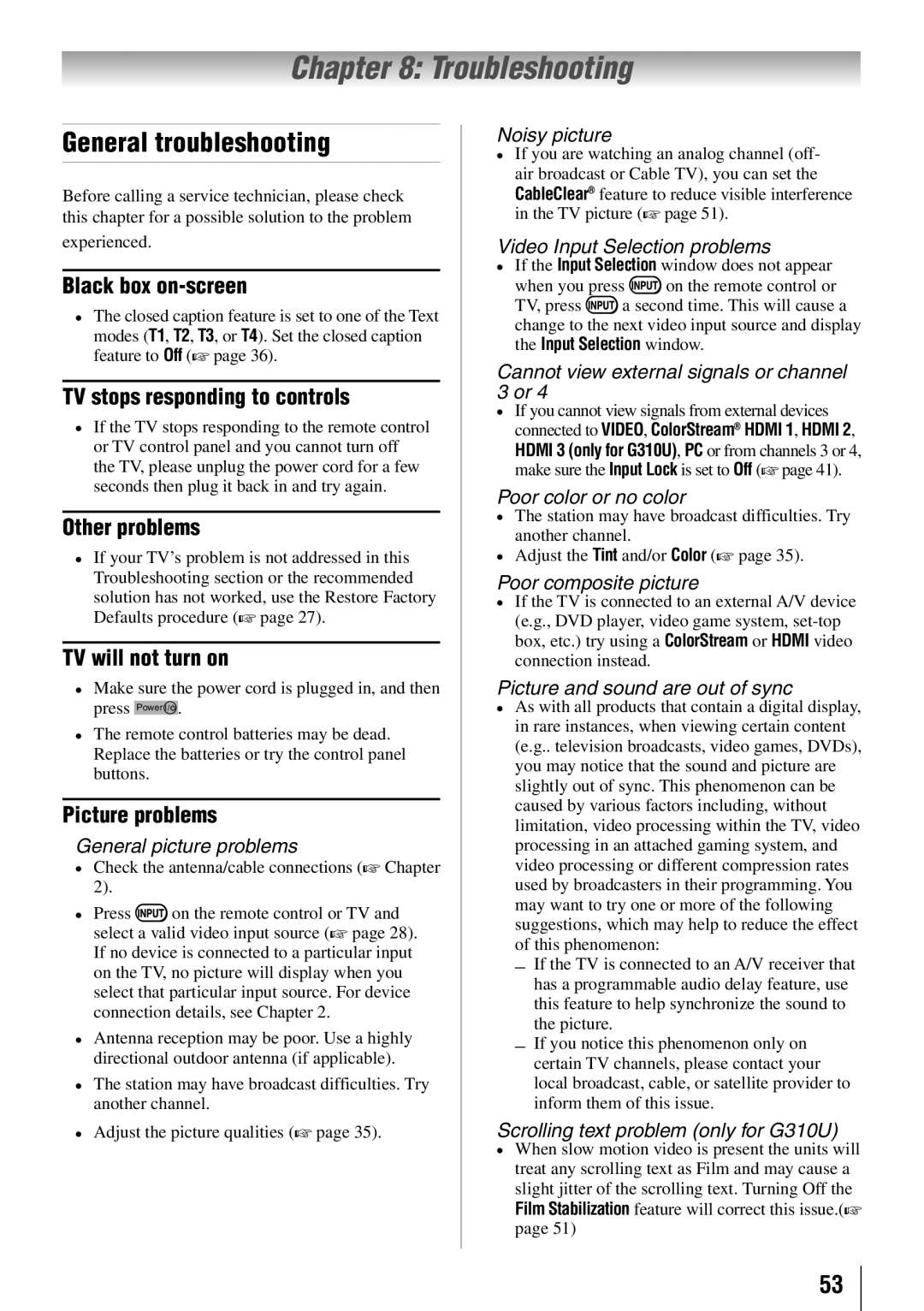 Toshiba 40E210U, 32C110U, 55G310U, 46G310U owner manual Troubleshooting, General troubleshooting 