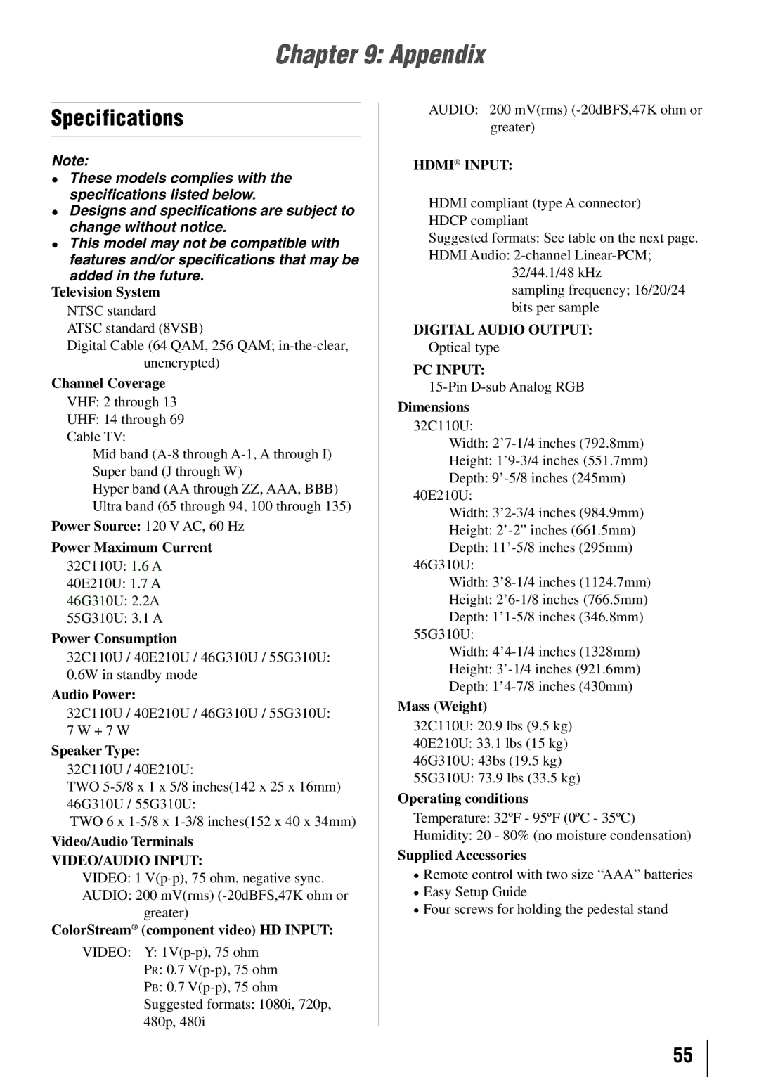 Toshiba 46G310U, 32C110U, 40E210U, 55G310U owner manual Appendix, Specifications 