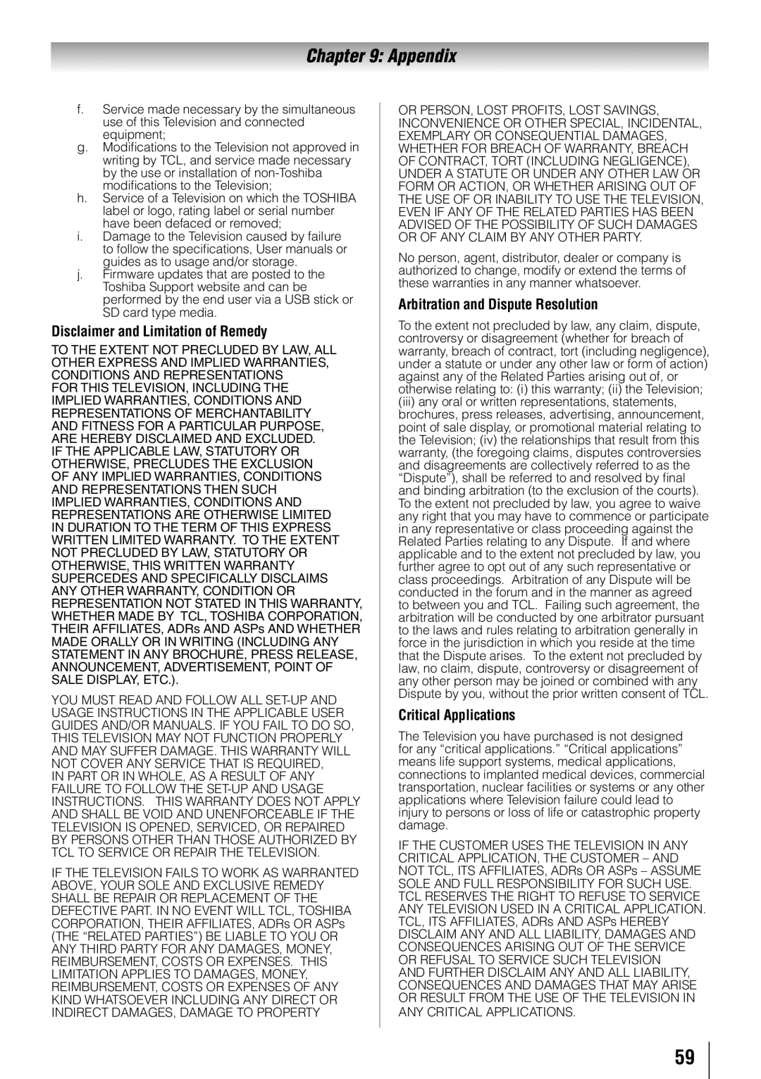 Toshiba 46G310U, 32C110U Disclaimer and Limitation of Remedy, Arbitration and Dispute Resolution, Critical Applications 