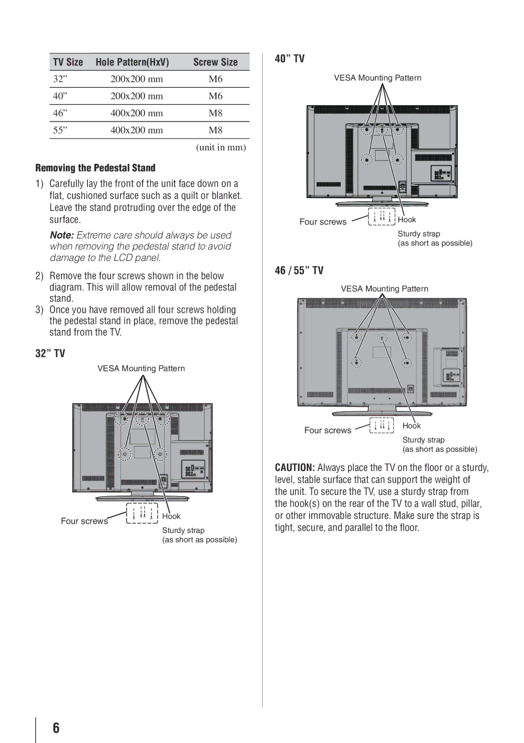 Toshiba 55G310U, 32C110U, 40E210U, 46G310U TV Size Hole PatternHxV, Removing the Pedestal Stand, 32 TV, 40 TV, 46 / 55 TV 