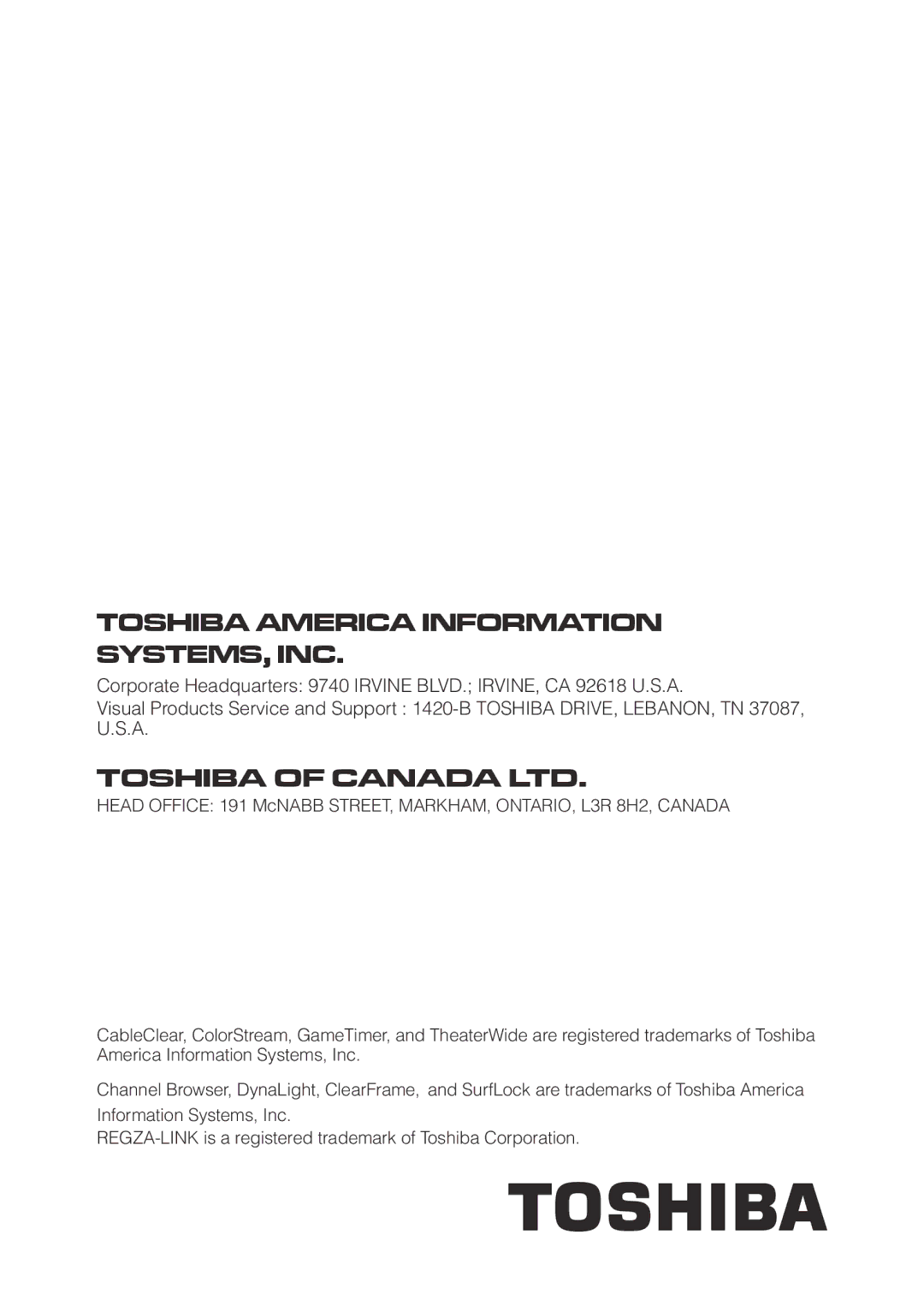 Toshiba 55G310U, 32C110U, 40E210U, 46G310U owner manual Toshiba America Information SYSTEMS, INC 