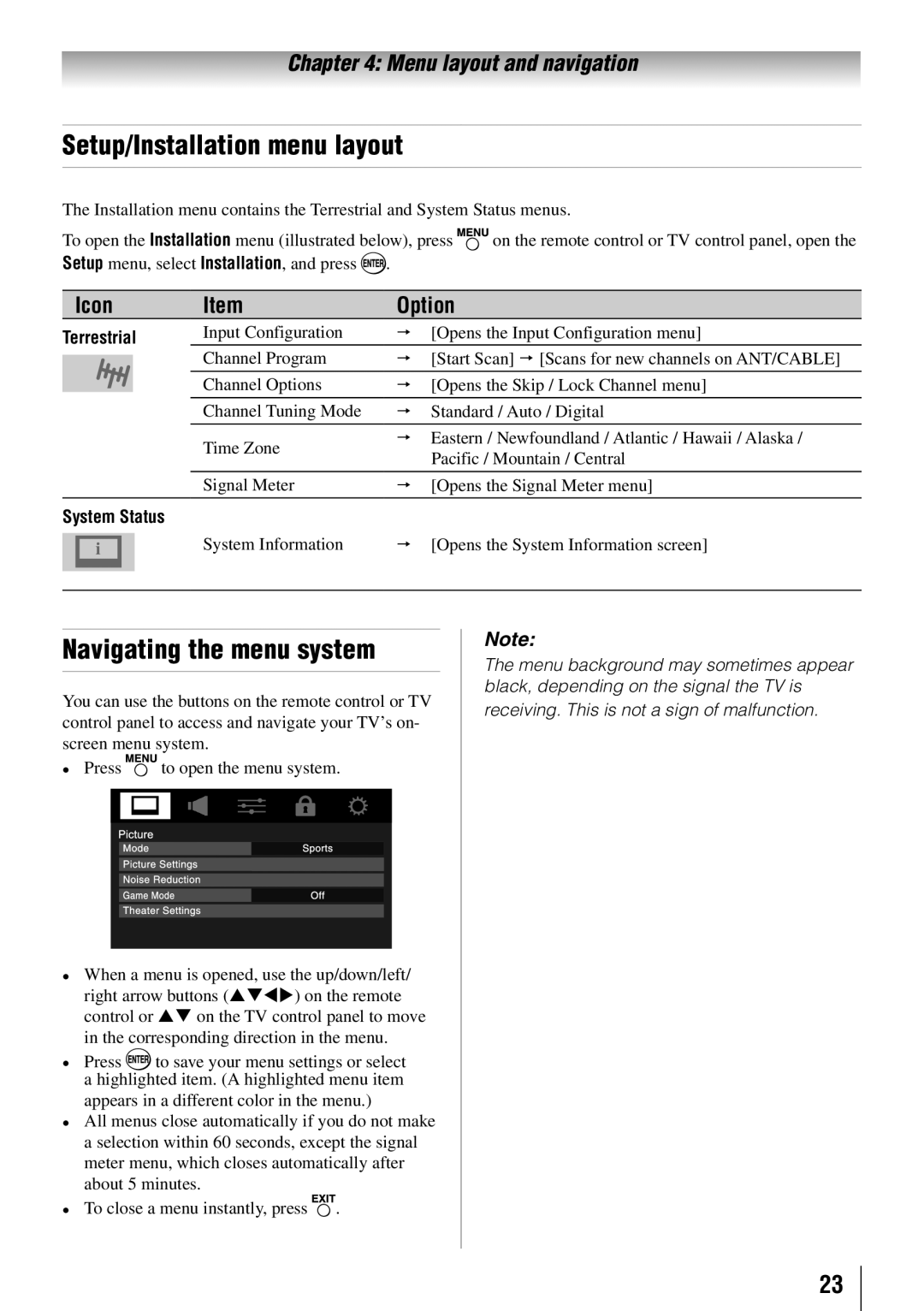 Toshiba 46G310U Setup/Installation menu layout, Navigating the menu system, Menu layout and navigation, Icon, Option 