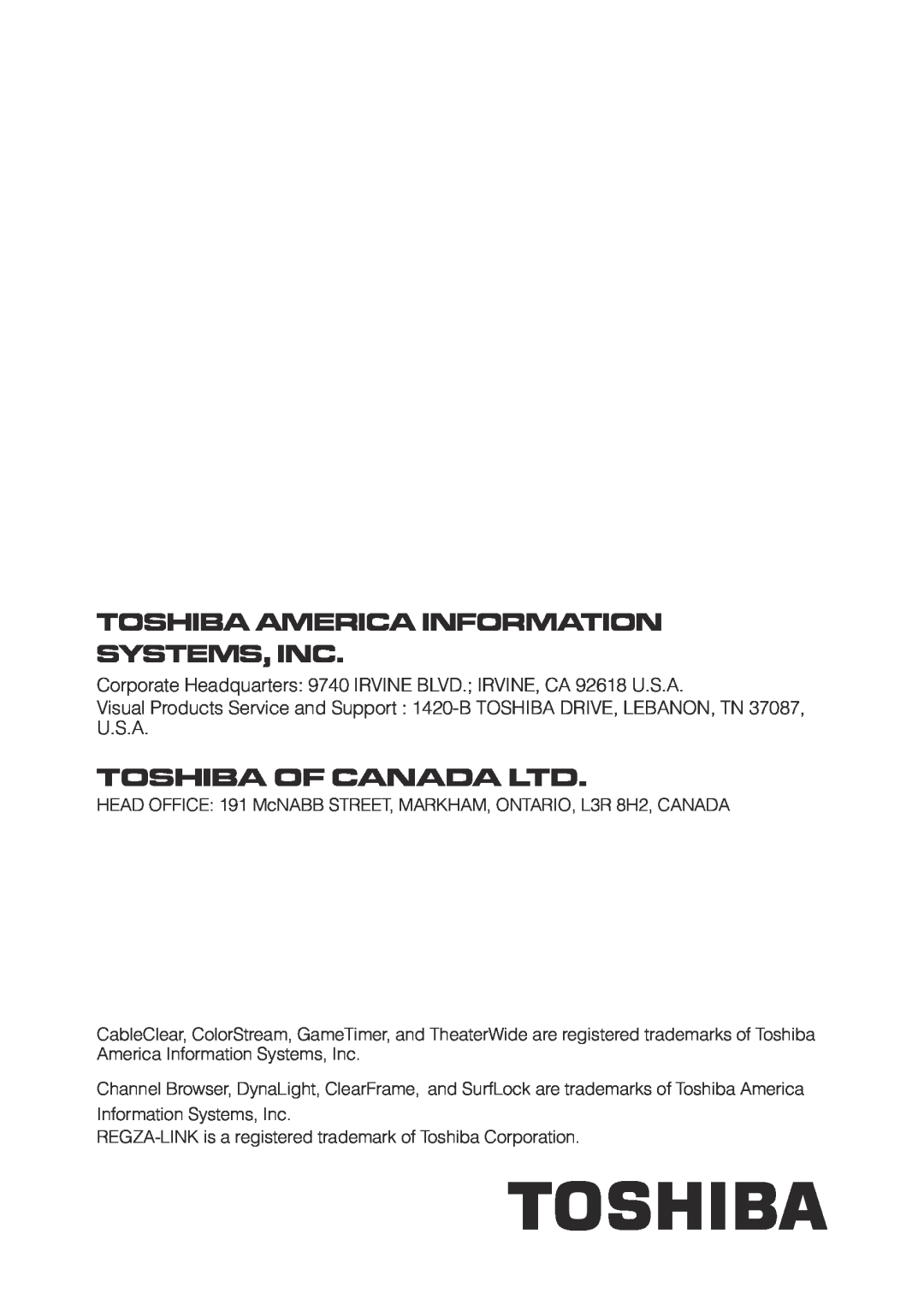 Toshiba 55G310U, 32C110U, 40E210U, 46G310U owner manual Toshiba America Information Systems, Inc 