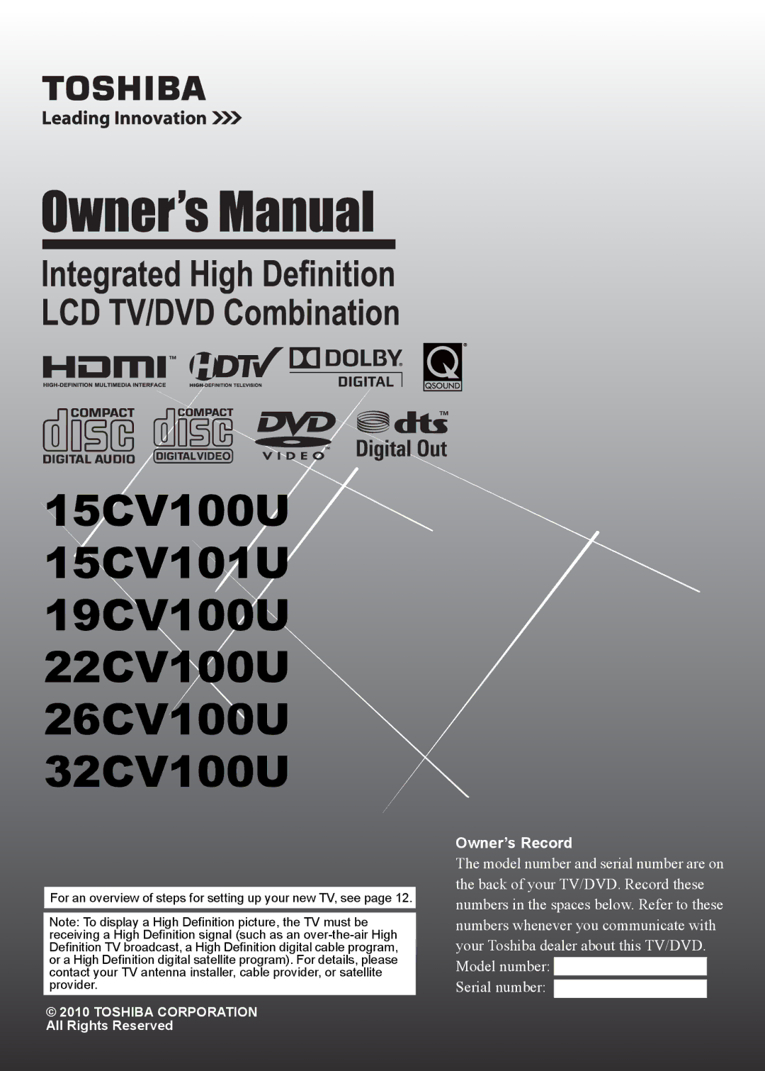 Toshiba manual 15CV100U 15CV101U 19CV100U 22CV100U 26CV100U 32CV100U 