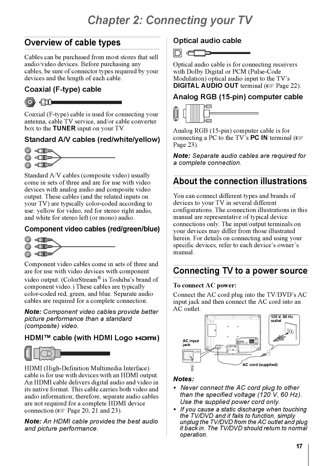 Toshiba 15CV101U, 32CV100U, 26CV100U, 22CV100U, 19CV100U, 15CV100U manual Connecting your TV, Overview of cable types 