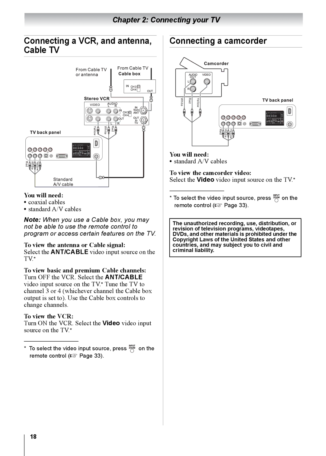 Toshiba 32CV100U, 26CV100U You will need, To view the antenna or Cable signal, To view basic and premium Cable channels 