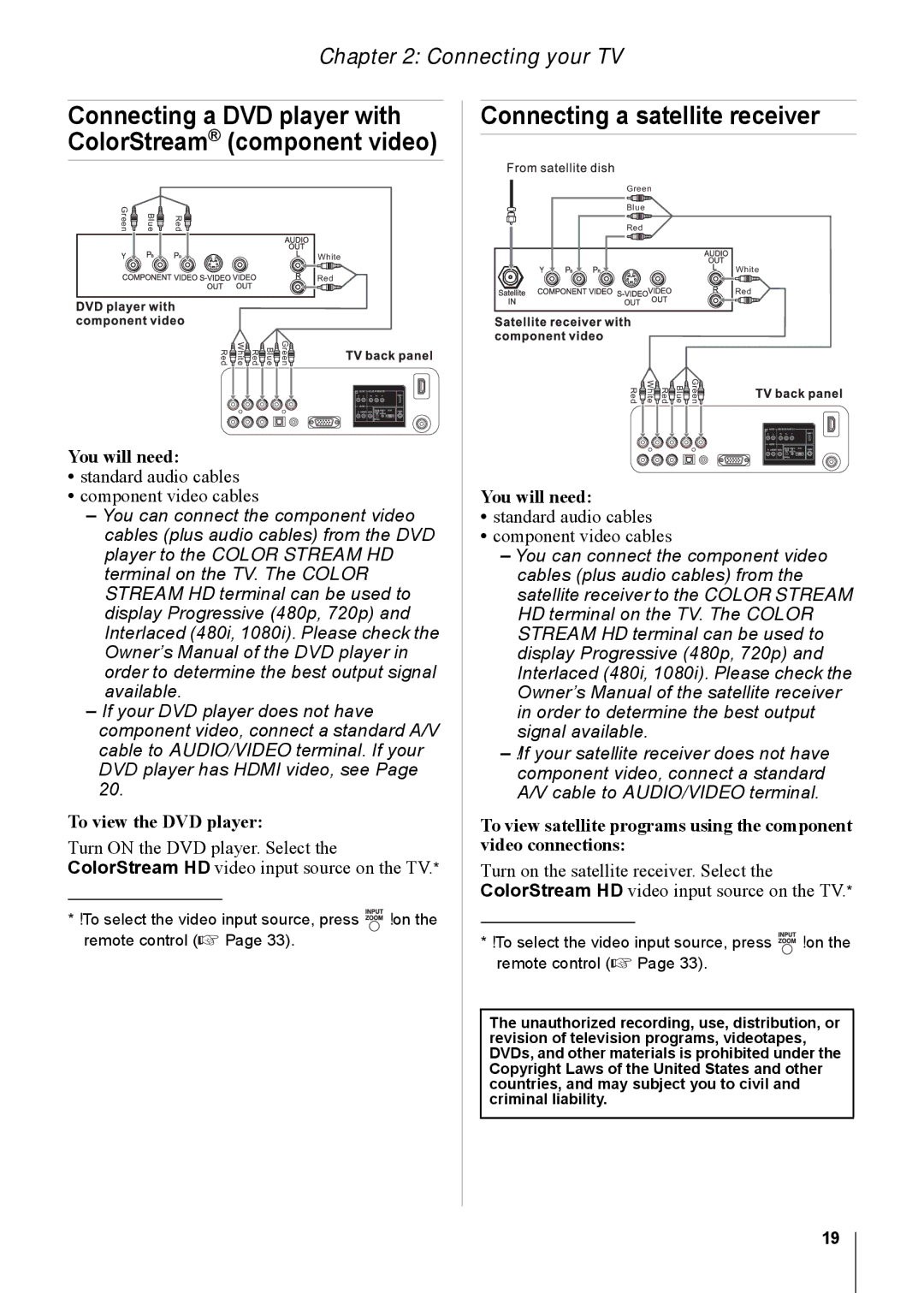 Toshiba 26CV100U, 32CV100U manual Connecting a satellite receiver, Connecting a DVD player with ColorStream component video 