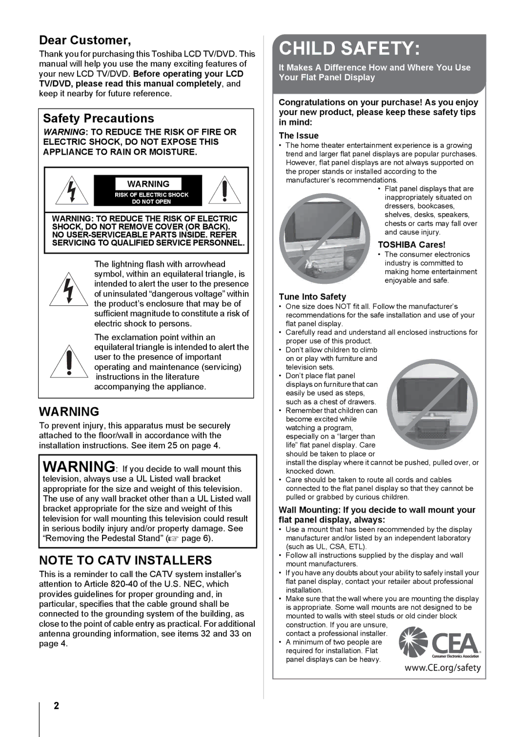 Toshiba 22CV100U, 32CV100U, 26CV100U, 19CV100U, 15CV100U, 15CV101U manual Dear Customer, Safety Precautions 