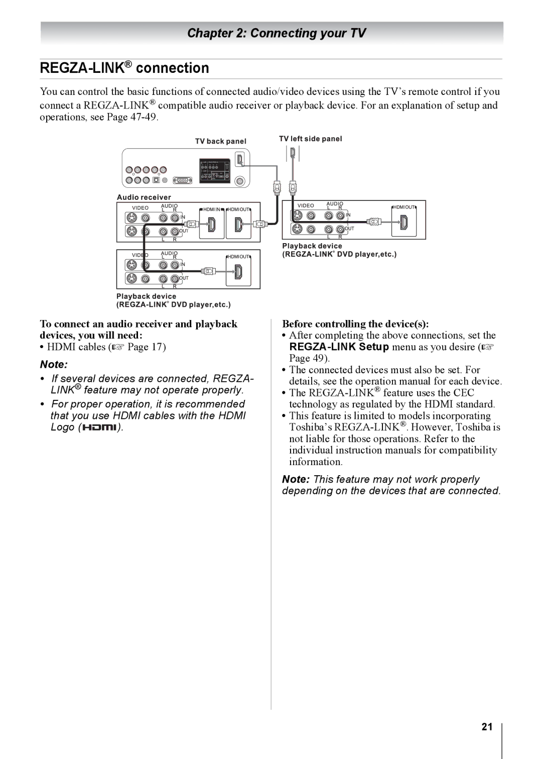 Toshiba 19CV100U, 32CV100U, 26CV100U, 22CV100U, 15CV100U, 15CV101U manual REGZA-LINKconnection, Before controlling the devices 