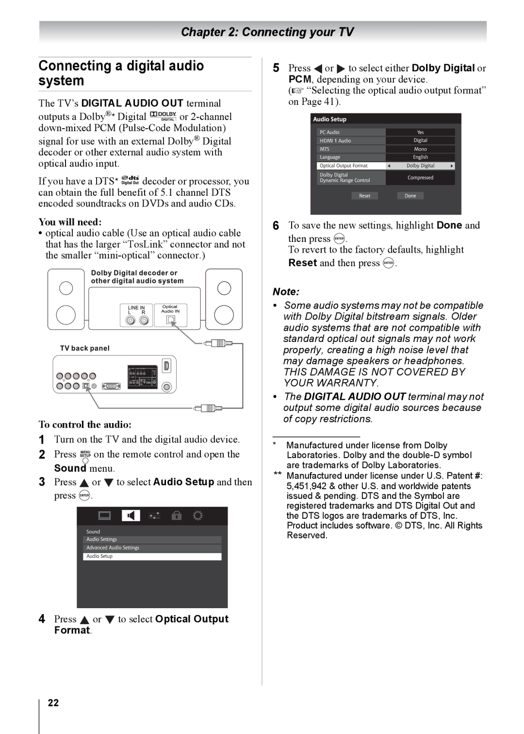 Toshiba 15CV100U Connecting a digital audio system, TV’s Digital Audio OUT terminal, To control the audio, Sound menu 