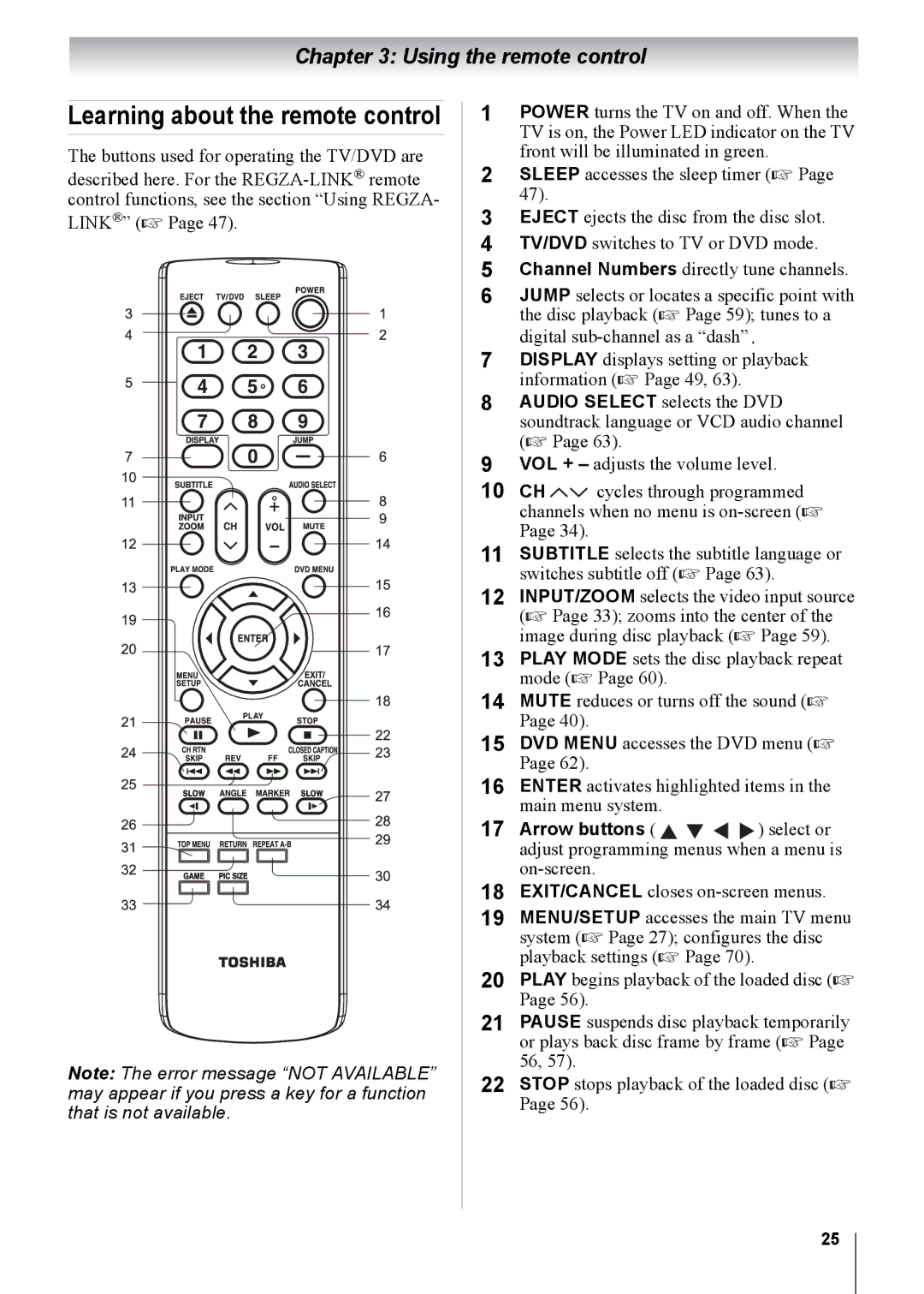 Toshiba 26CV100U, 32CV100U, 22CV100U, 19CV100U, 15CV100U, 15CV101U manual Learning about the remote control 