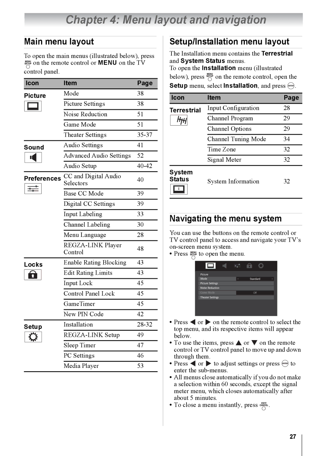 Toshiba 19CV100U Menu layout and navigation, Main menu layout, Setup/Installation menu layout, Navigating the menu system 