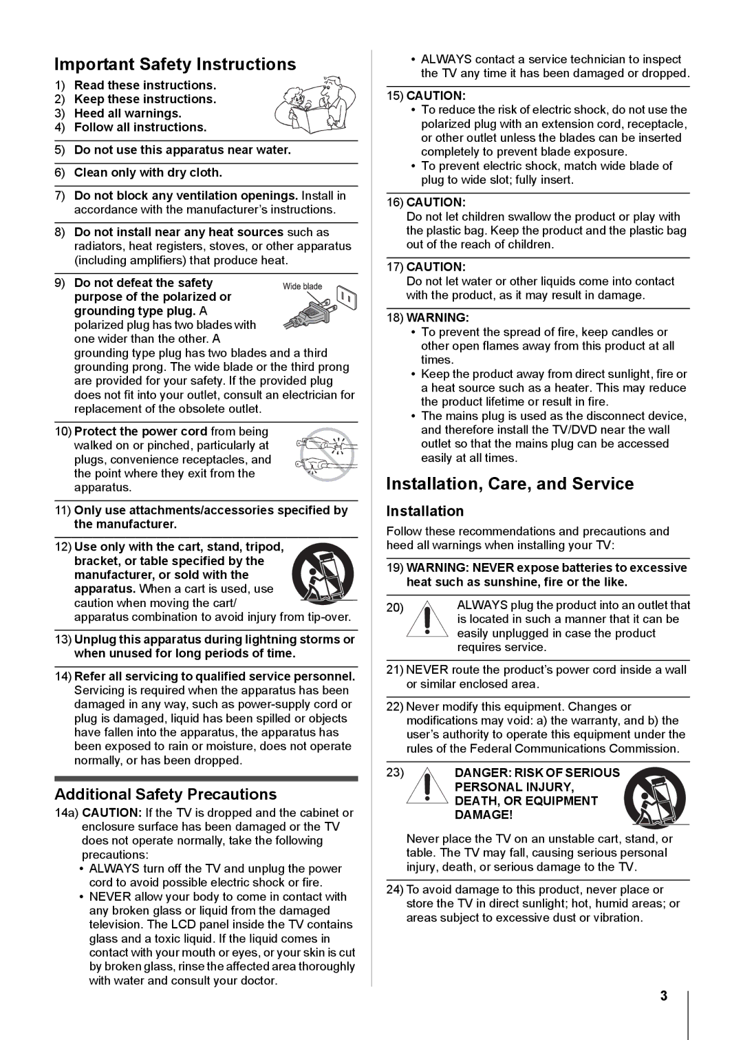 Toshiba 19CV100U, 32CV100U, 26CV100U, 22CV100U, 15CV100U manual Important Safety Instructions, Installation, Care, and Service 