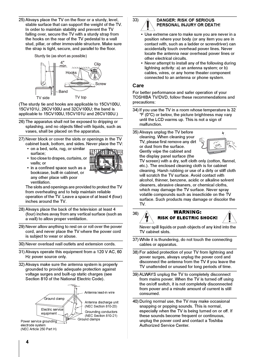 Toshiba 15CV100U, 32CV100U, 26CV100U, 22CV100U, 19CV100U, 15CV101U manual Care, Risk of Electric Shock 