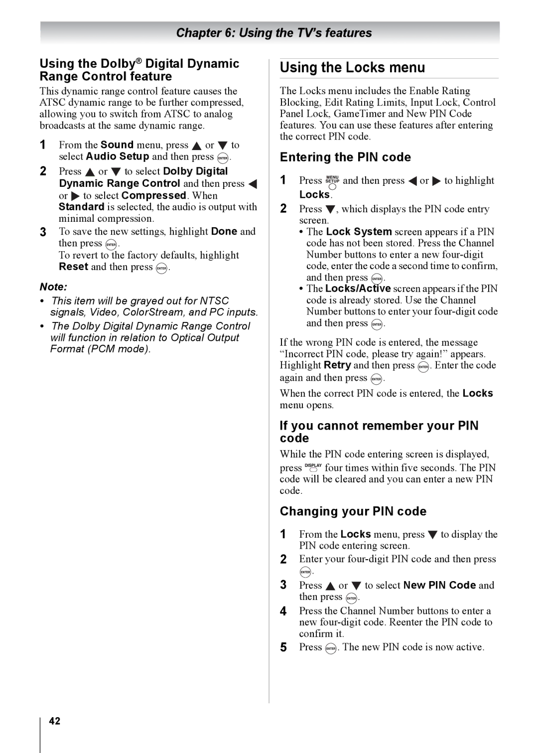 Toshiba 32CV100U manual Using the Locks menu, Using the Dolby Digital Dynamic Range Control feature, Entering the PIN code 