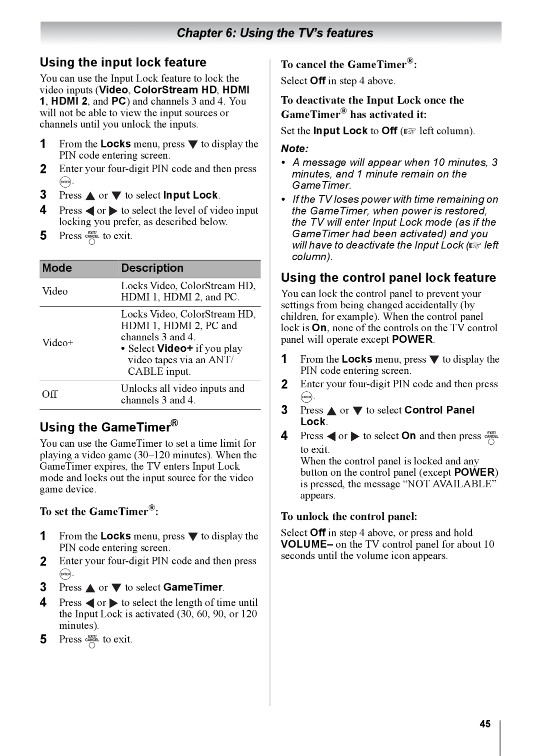 Toshiba 19CV100U, 32CV100U manual Using the input lock feature, Using the GameTimer, Using the control panel lock feature 