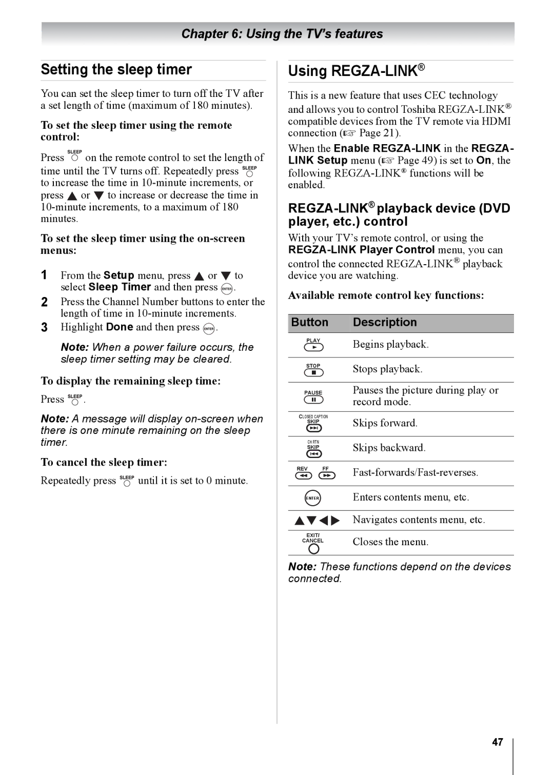 Toshiba 15CV101U, 32CV100U Setting the sleep timer, Using REGZA-LINK, REGZA-LINKplayback device DVD player, etc. control 