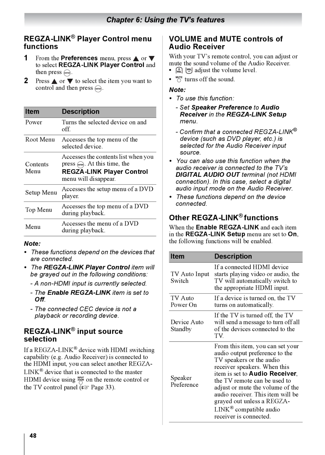 Toshiba 32CV100U REGZA-LINKPlayer Control menu functions, REGZA-LINKinput source selection, Other REGZA-LINKfunctions 