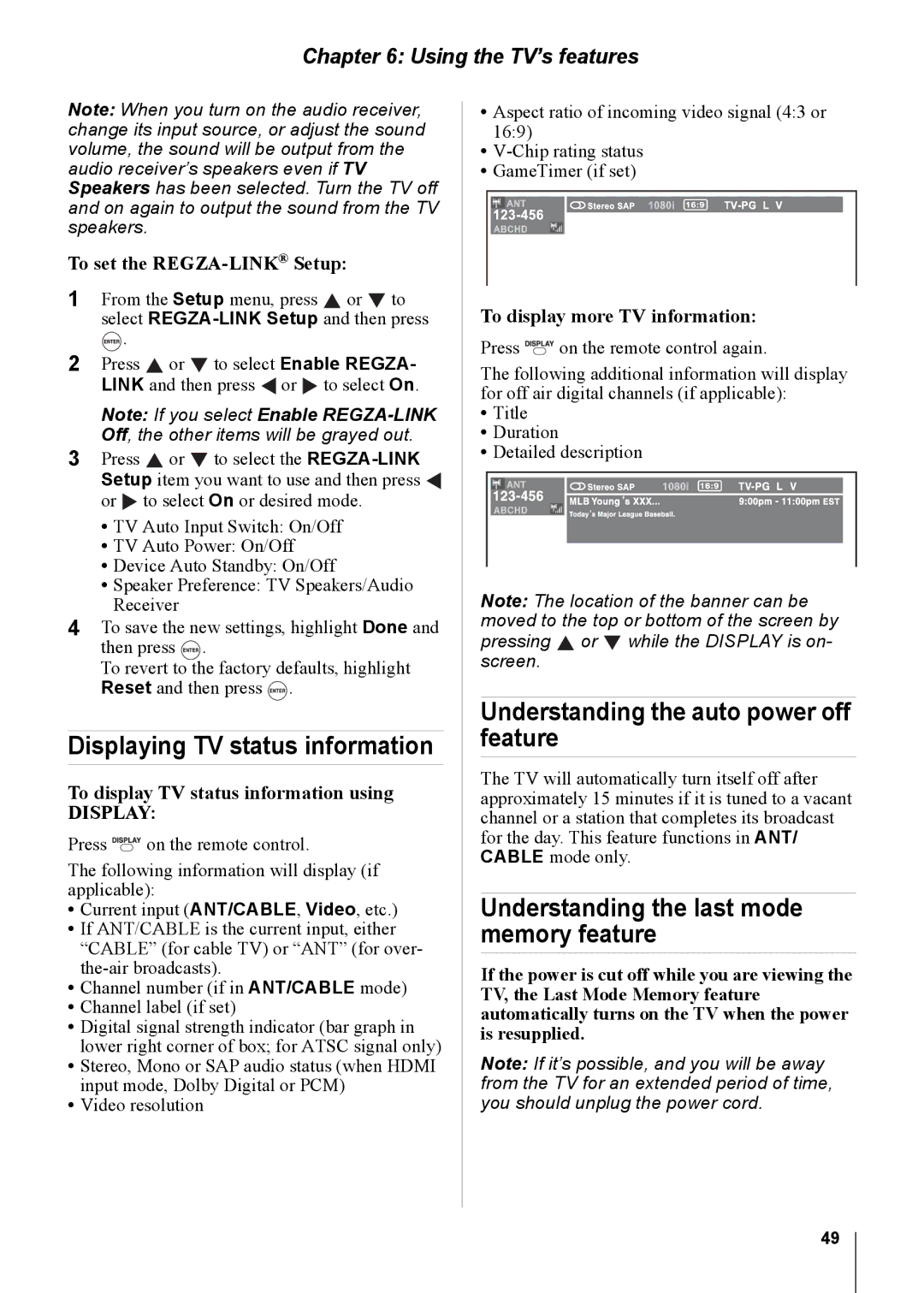 Toshiba 26CV100U, 32CV100U, 22CV100U, 19CV100U Displaying TV status information, Understanding the auto power off feature 