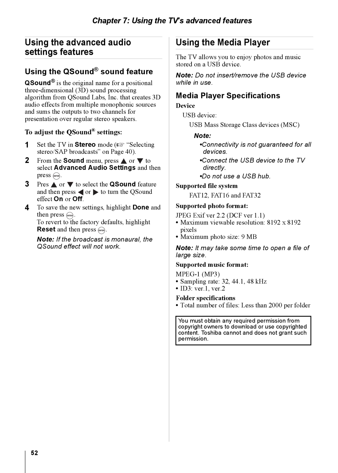 Toshiba 15CV100U manual Using the advanced audio settings features, Using the Media Player, Using the QSound sound feature 